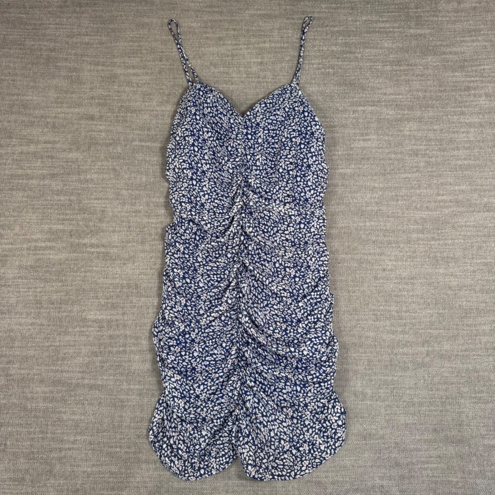 Lulus Walk the Walk Blue Floral Ruched Bodycon Mini Dress Medium